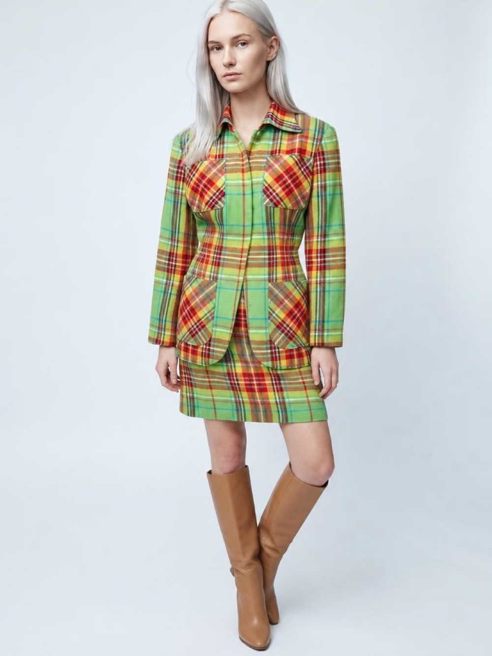 Emanuel Ungaro VTG Tailored Dress & Blazer, green/ylw/red/blue plaid, 4/6, GUC
